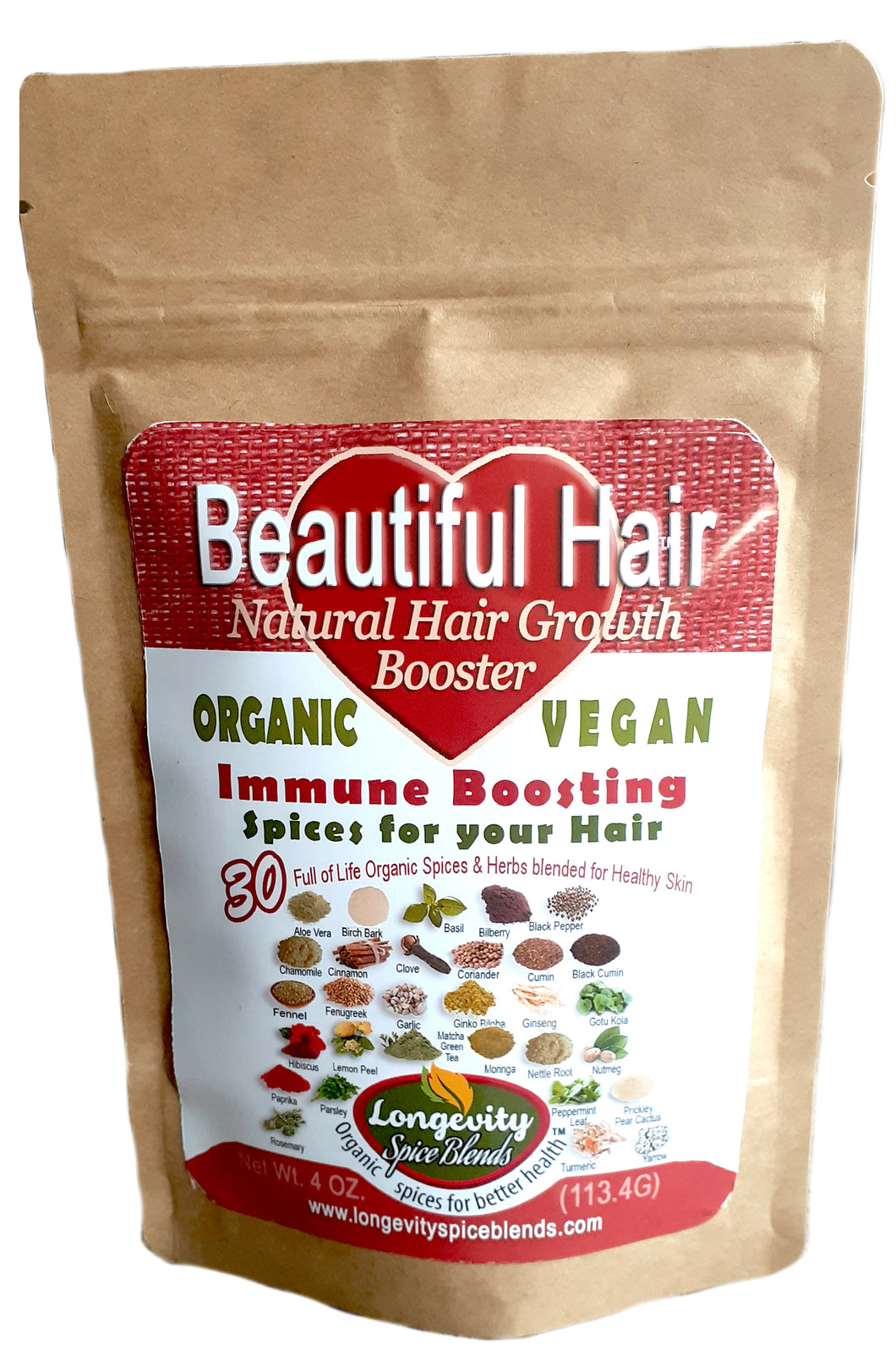 Hair - Beautiful Hair Spices …help for Natural Beautiful Hair, Healthy Hair, Natural Vitamins not only for Hair Growth, but Dandruff and Scalp issues. 30 Organic Spices for Beautiful Hair (4 oz. pouch - 45 tsp. servings)