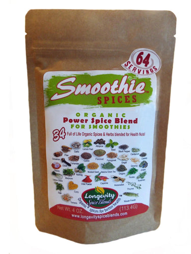 Smoothie Spices - Immune Boosting Spices for your Smoothies! 34 Organic Vegan Spices blended for inflammation, Brain Function, Detoxing & Healthy Digest (4 oz. pouch - 64 tsp servings) - Longevity Spice Blends