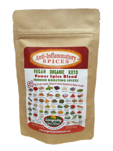 Anti-Inflammatory Spices- 54 Organic Spices blended specifically with benefits for Inflammation (4 oz. pouch - 64 tsp. servings) - Longevity Spice Blends