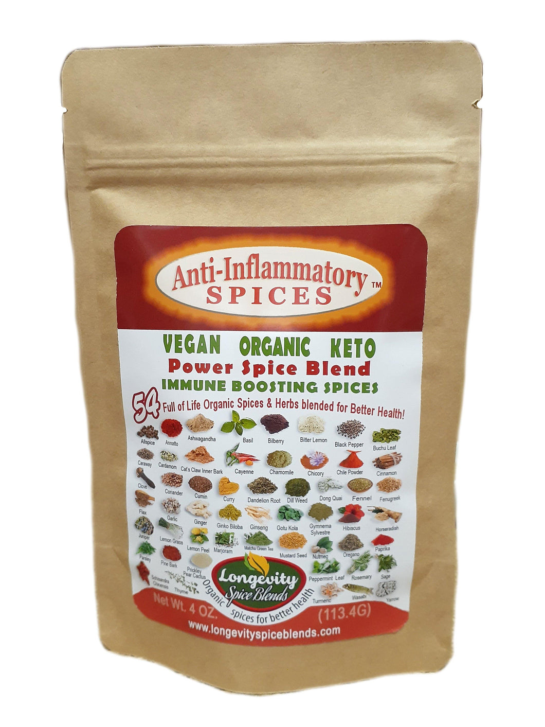 Anti-Inflammatory Spices- 54 Organic Spices blended specifically with benefits for Inflammation (4 oz. pouch - 64 tsp. servings) - Longevity Spice Blends