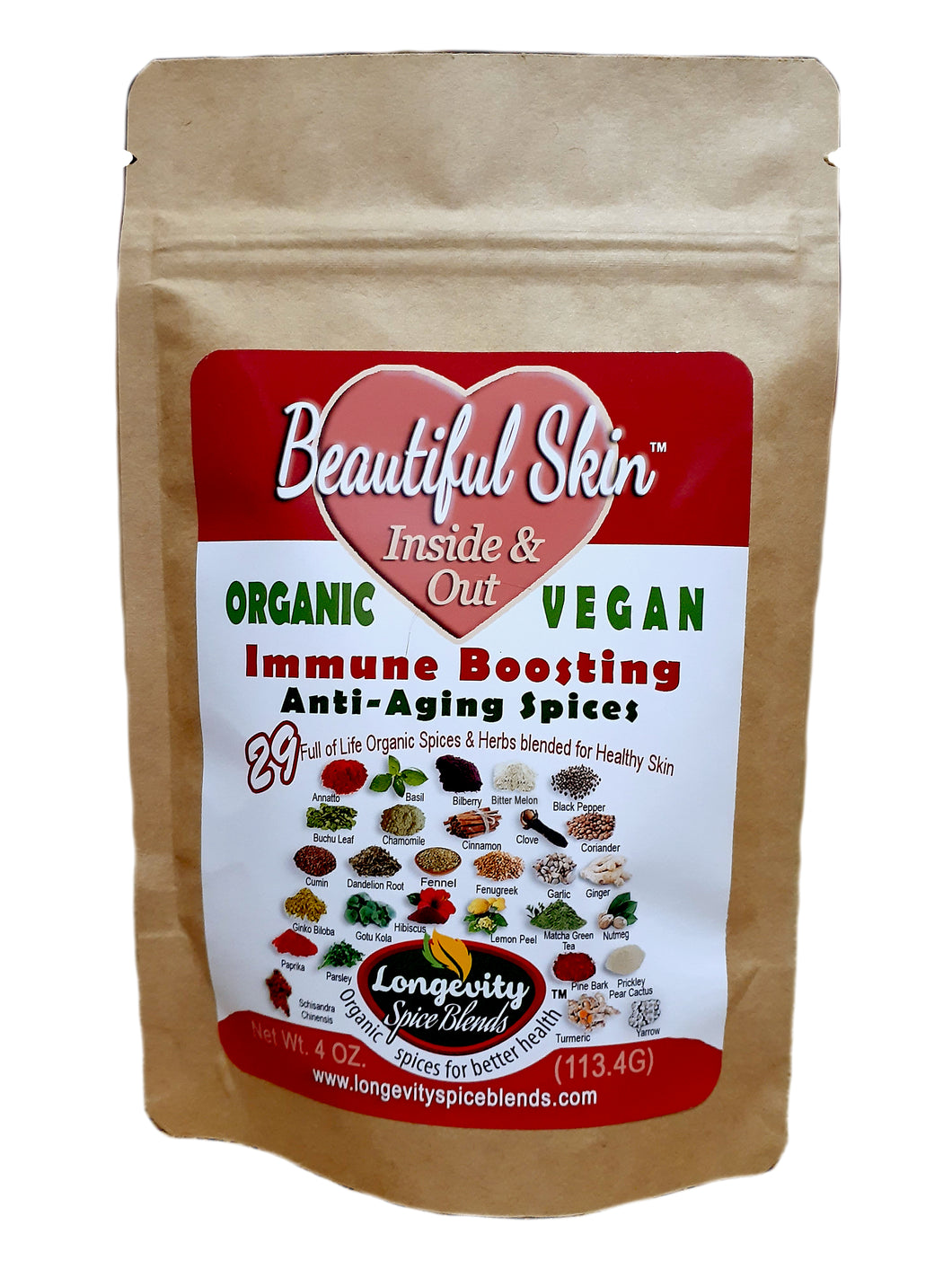 Skin - Beautiful Skin Spices - Natural Anti-Aging Skin Care Inside & Out - 29 Organic Spices for beautiful glowing skin (4 oz. pouch - 45 tsp. servings)
