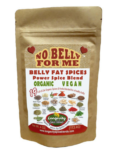 No Belly Fat  - 19 Organic Spices blended specifically with benefits for those looking to maintain a healthy weight (4 oz. pouch - 64 tsp servings) - Longevity Spice Blends