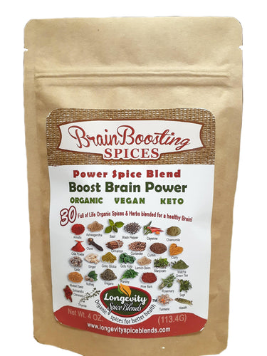Brain Boosting Spices - 30 Organic Spices blended with benefits to boost your brain for clarity, memory, concentration, general brain health (4 oz. pouch - 64 tsp. servings) - Longevity Spice Blends