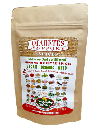 Diabetes Support Spices  - 30 Organic Spices blended specifically with benefits for those suffering with blood sugar issues. (4 oz. pouch - 64 tsp. servings) - Longevity Spice Blends