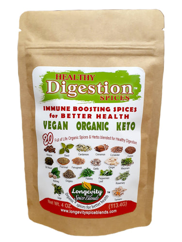 Digestion - Healthy Digestion Spices - 20 Organic Spices blended specifically with benefits for those looking to maintain a healthy digestive system (4 oz. pouch - 64 tsp. servings) - Longevity Spice Blends