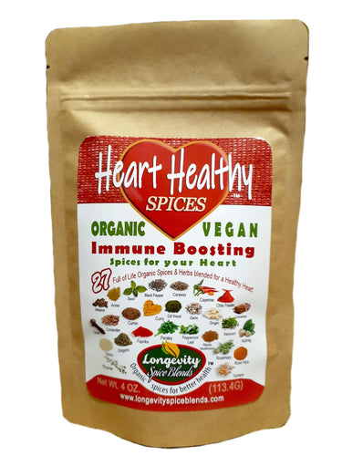 Heart Healthy Spices - 27 Organic Spices blended with benefits for those looking to maintain a healthy and vital heart.  Enhance energy, vitality, circulation, blood health (4 oz. pouch - 64 tsp. servings) - Longevity Spice Blends