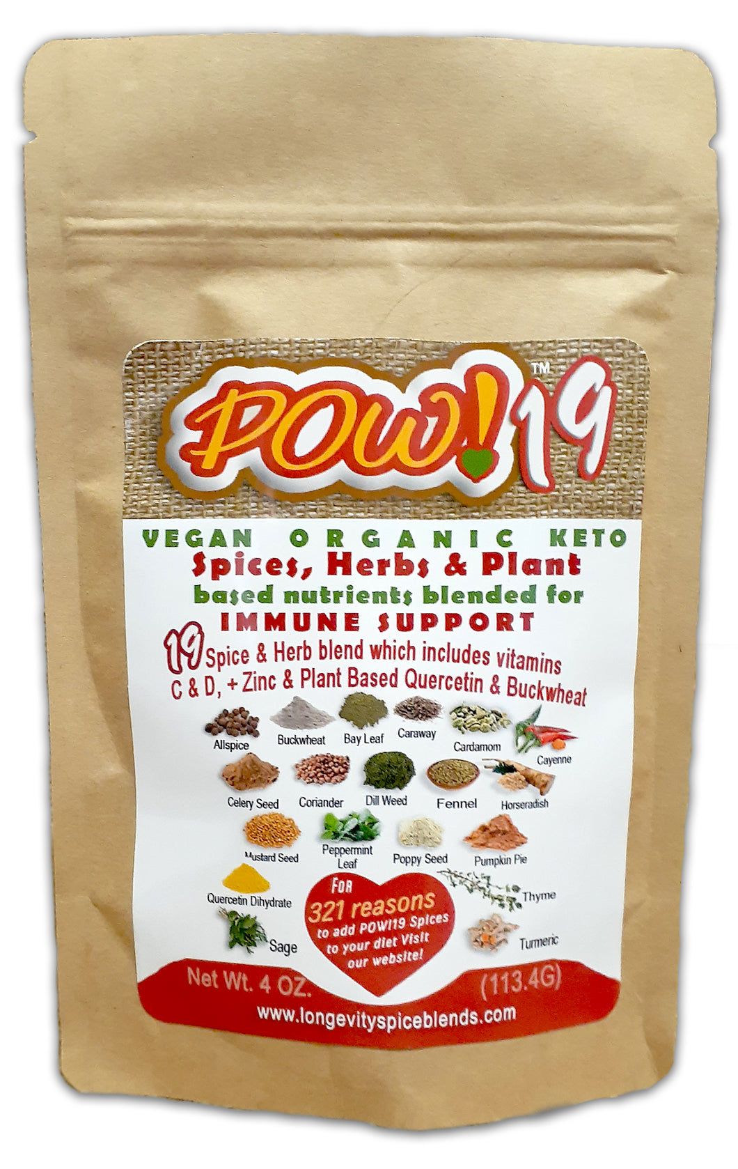 POW19 - 19 Immune Boosting Spices, Herbs & Plant Based Nutrition, including C, D, Zinc & Quercetin (4 oz. pouch - 45 tsp. servings)
